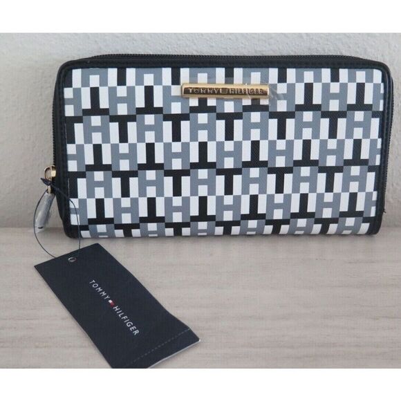 Tommy Hilfiger 69J4081 Women's Black/Gray/White TH Logo Zip-Around Wallet $80 - Picture 1 of 9